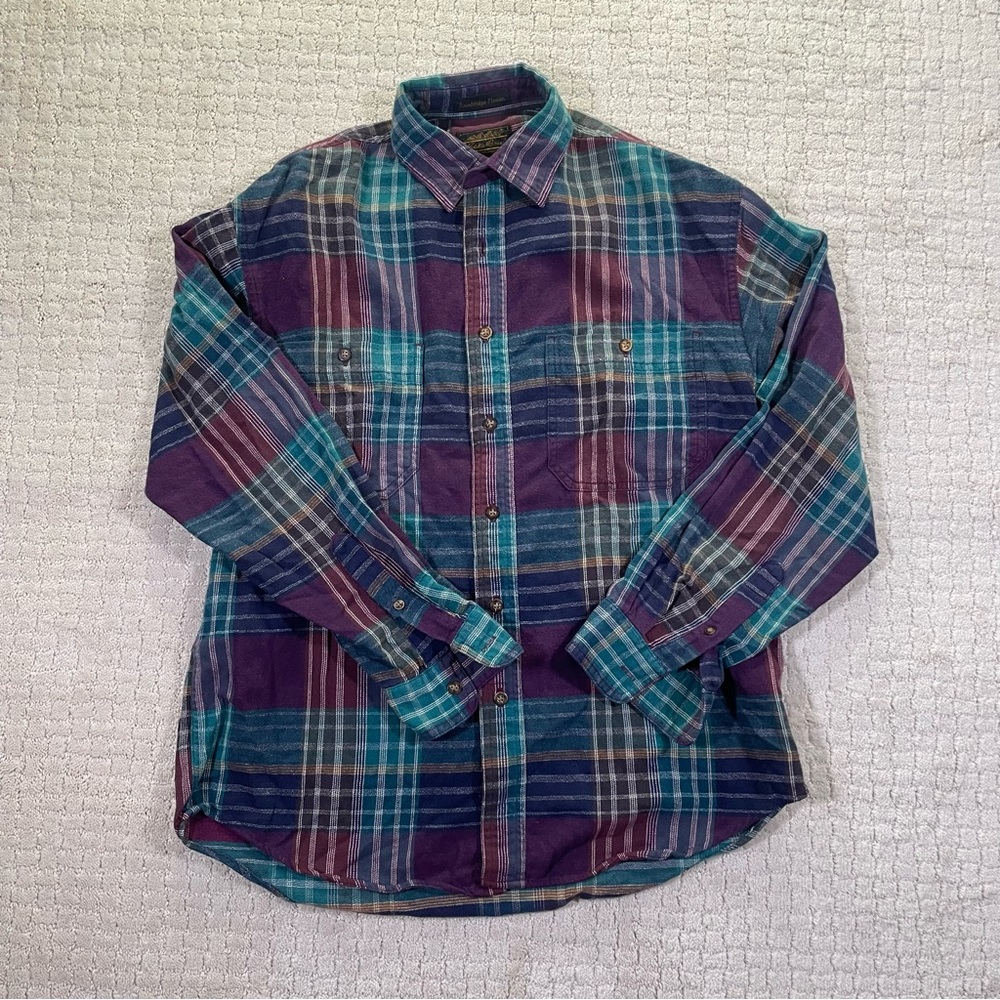 Vintage 90s Eddie Bauer Flannel Shirt Men’s M Button Up Blue Purple Plaid